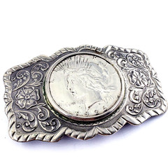 NICKEL SILVER BELL Vintage 1926 Morgan Dollar Coin Ornate Belt Buckle 3.25×1.25&Prime;