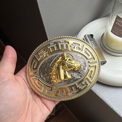 Men&rsquo;s Western Oval Belt Buckle Gold Silver Horse Head Greek Key 1.5 in