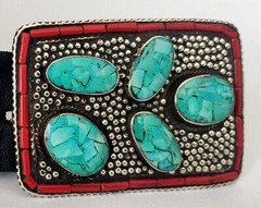 Tibetan Silver Buckle Belt waist trap Turquoise Coral Clasp, BB2