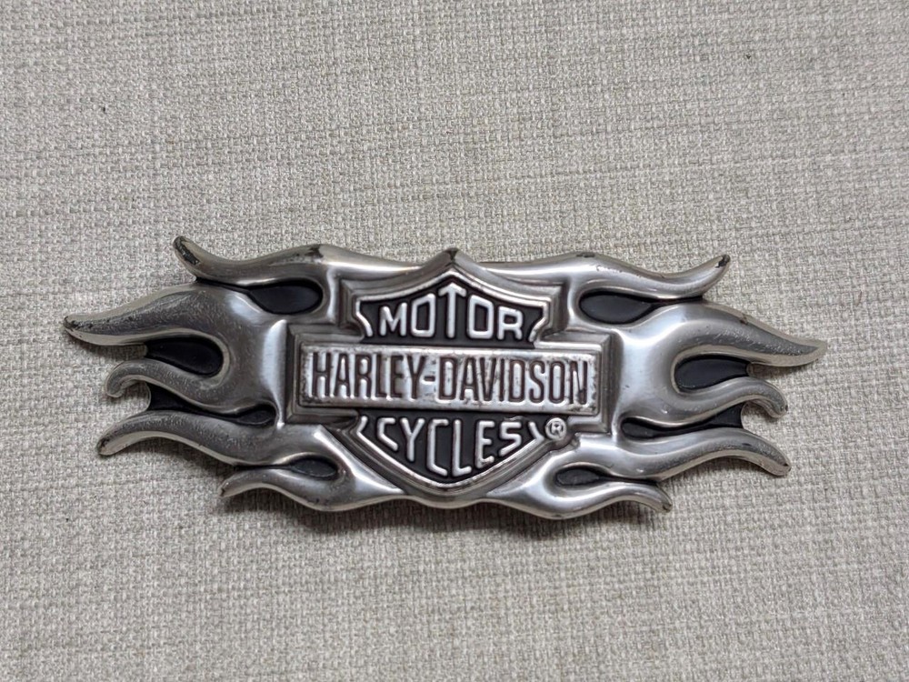 vintage Y2K belt buckle HARLEY DAVIDSON motorcycle FLAMES chrome metal WESTERN
