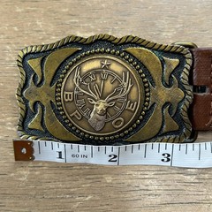 Brass BPOE ELKS Belt Buckle w/ Brown Leather Belt Size 34-36 Fraternal Order
