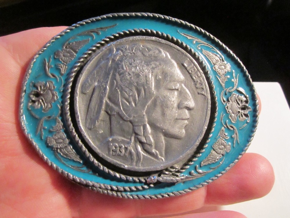 INDIAN HEAD NICKEL THEME BELT BUCKLE GREEN LACQUER ACCENT- GW-9
