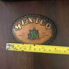 Vintage Tooled & Painted Mexico Souvenir Leather Belt Buckle Cactus Aluminum 70s