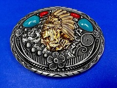 Native American Indian Chief in Head Dress Faux Turquoise & Coral Belt Buckle
