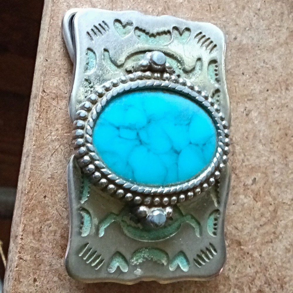 Western Silver Tone Rectangular Belt Buckle Blue Stone Inlay Floral 1.5 in