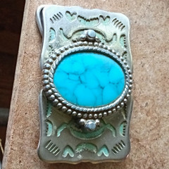 Western Silver Tone Rectangular Belt Buckle Blue Stone Inlay Floral 1.5 in