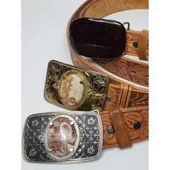 Vintage Three Handmade Western Leather Stone and Redwood Buckle Embossed Belts