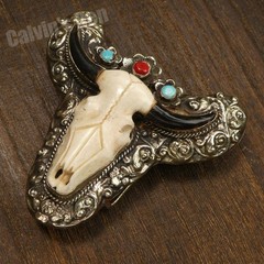 Hand Carved Bull Skull Western Floral Large Belt Buckle with Turquoise & Coral