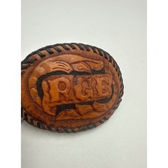 Vintage Hand Tooled Leather Belt Buckle RGE Initials Western Whipstitch Brown