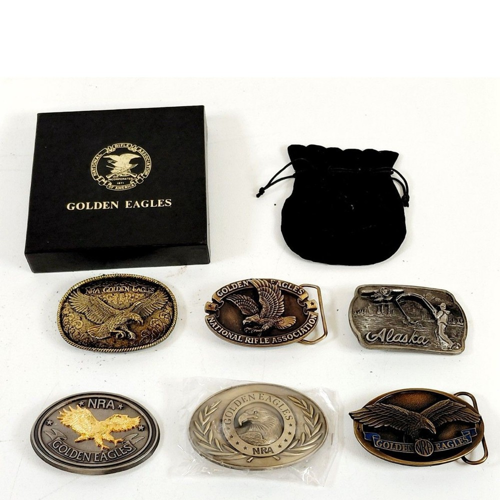 6 Vintage NRA Golden Eagles Belt Buckles Limited Edition Commemorative Box Pouch