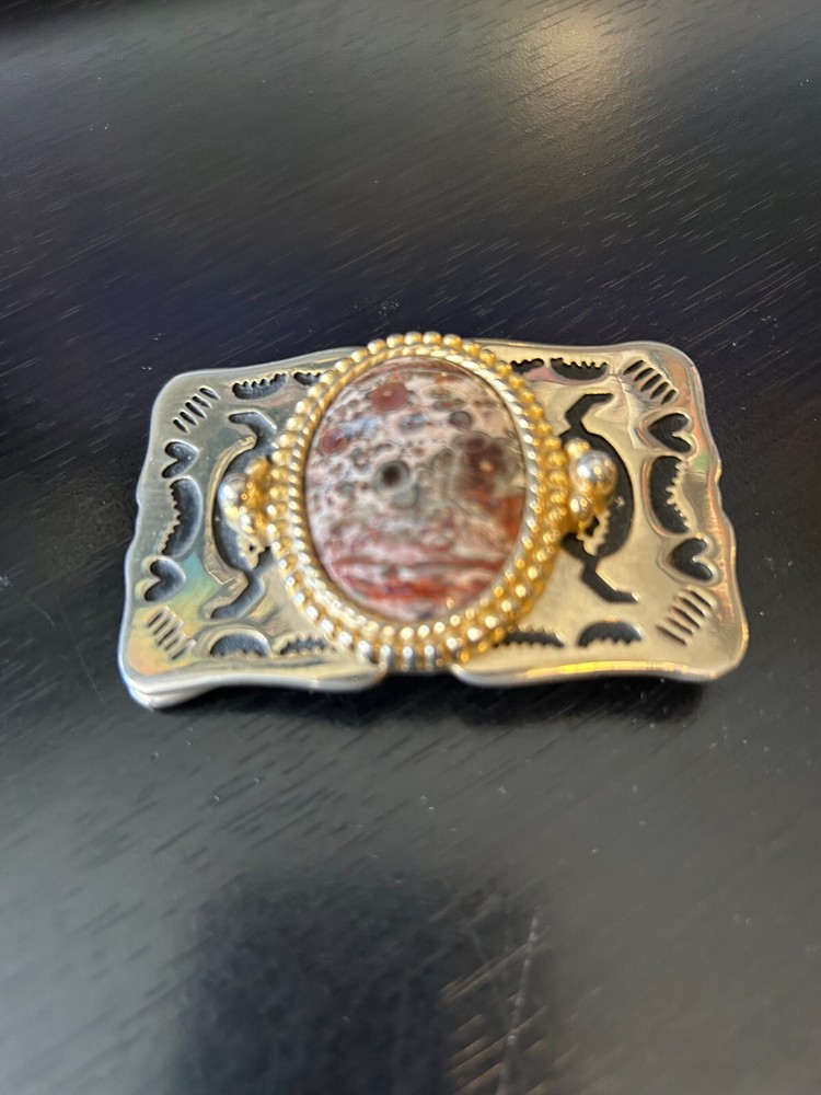 Vintage Collectible Leopard Skin Jasper Stone Metal Belt Buckle