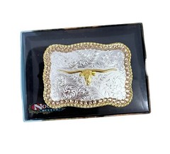 Nocona Silver & Gold Tone Longhorn Belt Buckle Unisex Jeweled New in the Box