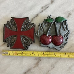 Lot Of 2 Motorcycle Belt Buckle Maltese Cross Skull & Cherries Rock N Roll Biker