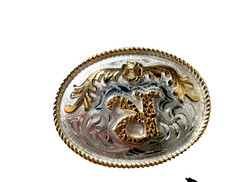 Western Initial Belt Buckle 3.5 x 2 5/8 in Oval R Silver Engraved Gold 1.75