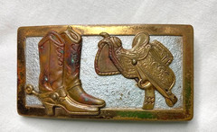 Very Rare Vintage Western Brass Saddle & Buckaroo Boots Cowboy Belt Buckle