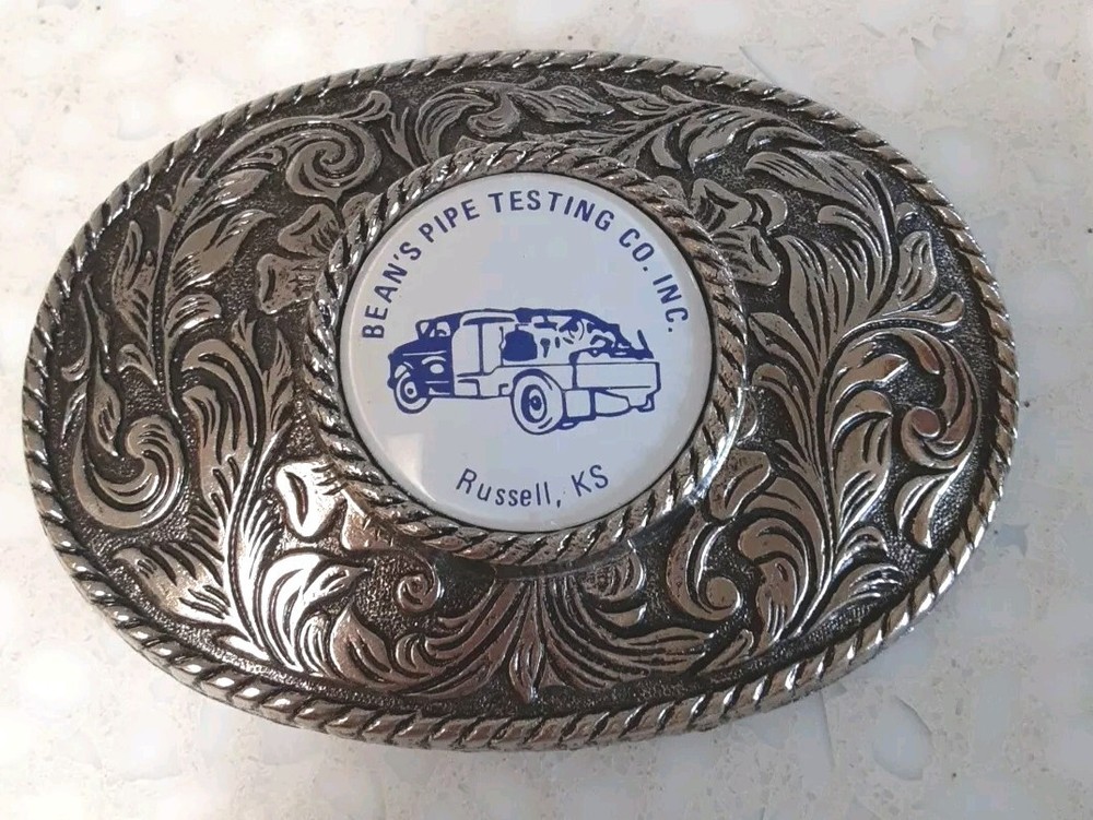 Vintage Belt Buckle Beans Pipe Testing Co Inc Advertising Russell Kansas USA