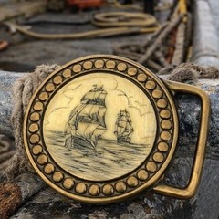 Vintage Belt Buckle Mens Solid Brass Nautical Scrimshaw Sailing Ship Maritime