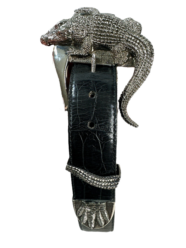 Vintage Large Silver Alligator Buckle and Black Alligator Belt Size S Small