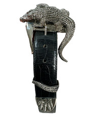 Vintage Large Silver Alligator Buckle and Black Alligator Belt Size S Small