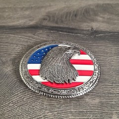 Oval American Flag w/Eagle Head Belt Buckle Antique Silver Tone Red White Blue