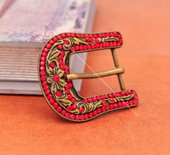 Retro Brass Red Crystal Rhinestone Western Floral Belt Buckle Set Fit 30MM Strap