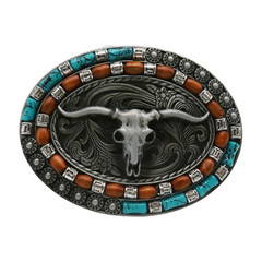 Men Silver Metal Buckle Western Fashion Bull Long Horn Texas Cow Rodeo Statement