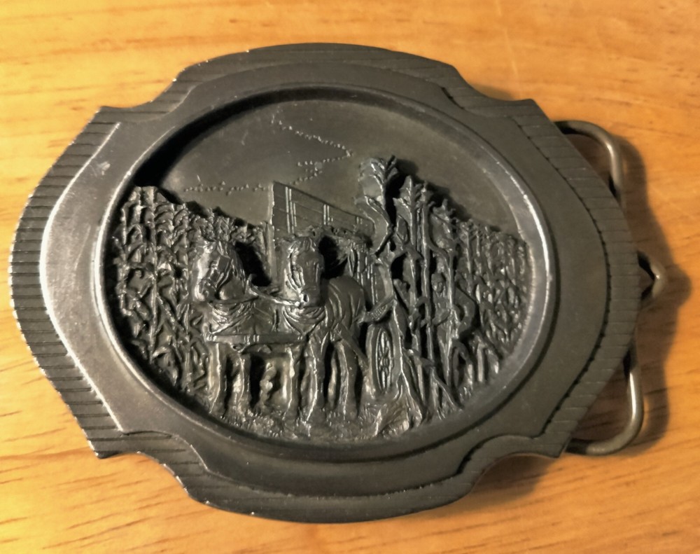 1989 Belt Buckle Corn Picking Iowa Premium Specialty CO. Pewter