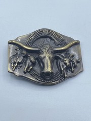 3D Texas Longhorn Bulls Rope Cattle Drive Brass Metal Belt Buckle 3 1/4 x 2 1/2&Prime;
