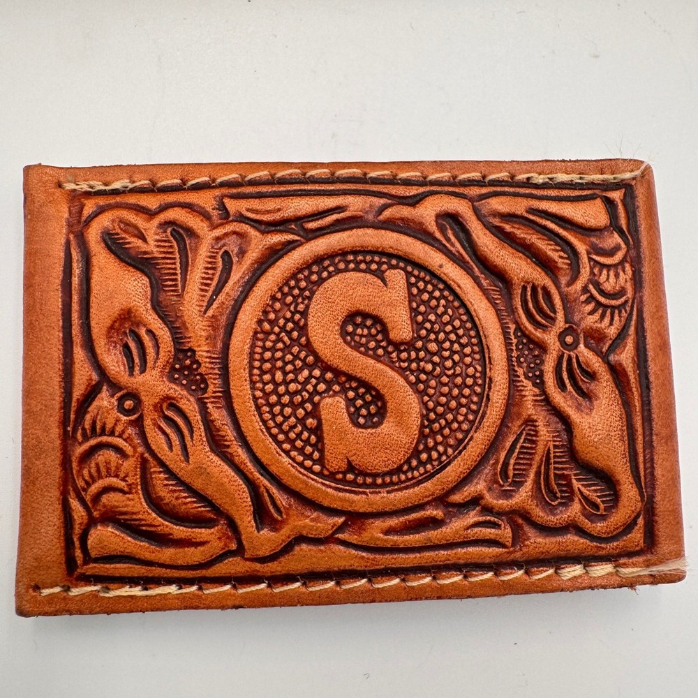 Vintage Hand Tooled Leather Belt Buckle Monogram Initial S Western Floral Tan