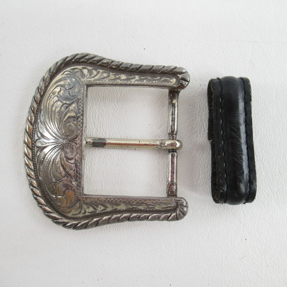 Belt Buckle Loop Etched Silver Plated Western Black Coated Leather Strap Keeper