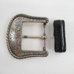Belt Buckle Loop Etched Silver Plated Western Black Coated Leather Strap Keeper