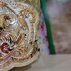 Rooster Western Belt Buckle Rose Tone And Silver Rare Piece With Feather Accents
