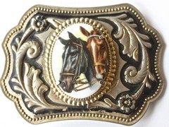 Vtg Equestrian Western Belt Buckle Porcelain Horse Portrait SIlver and Gold Tone