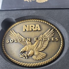 NRA Golden Eagles Belt Buckle New In Box Bronze Tone Appx 2.5 x 3.25&Prime;
