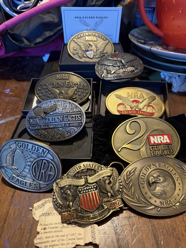 NRA Golden Eagles Metal Western Belt Buckle Lot, Gold/Silver Oval Logo Designs