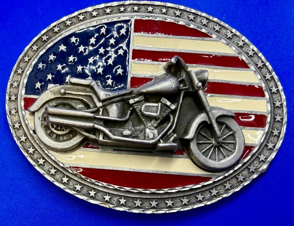 USA American Flag Motorcycle Star Border 2002 EJC Belt Buckle by Legend West