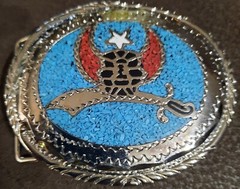 Vintage Handcrafted Silver Tone, Red and Turquoise Chips, White Belt Buckle 1984