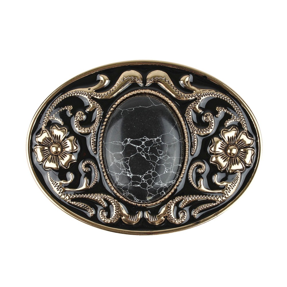 Western Belt Buckle Black Faux Oval Marble Stone Gold Floral Accents Enamel