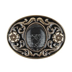Western Belt Buckle Black Faux Oval Marble Stone Gold Floral Accents Enamel