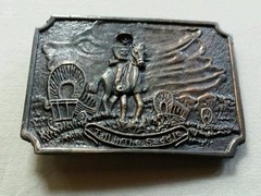 TALL IN THE SADDLE HORSE WESTERN SETTLER GOING WEST COVERED WAGON BELT BUCKLE