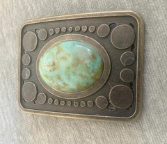 Vintage Teal Stone Belt Buckle Antique Gold Bronze Brass Turquoise Agate Inlay