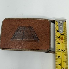 Vintage Tennis Court Belt Buckle Brass Tone Leather Inlay Jim Tait Engraving 70s
