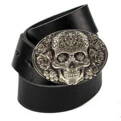 Santa Muerte german silver belt buckle, Skull El Día de Muertos belt buckle