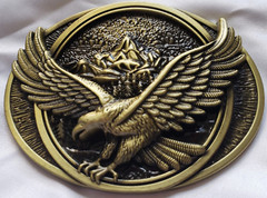 Bald Eagle Soaring 3D Image Aluminum Belt Buckle Golden Aged Bronze Color