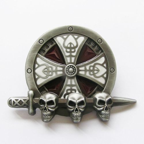NEW CELTIC RED AND WHITE IRISH SKULL MEDIAVAL SWORD RED BELT BUCKLE