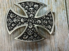 Maltese Iron Cross Studded Skull Design Gothic Punk Vibe Cutout Belt Buckle