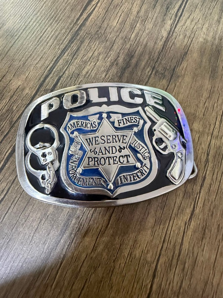 Vintage Police Belt Buckle We Serve And Protect Law Enforcement Handcuffs Revolv
