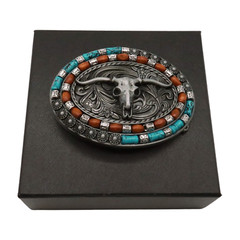 Men Dark Silver Metal Belt Buckle Western Texas Bull Long Horn Brown Turquoise