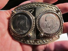 DOUBLE SILVER DOLLAR COINS BELT BUCKLE 1977 & 1978 – HEAVY – BBA-45