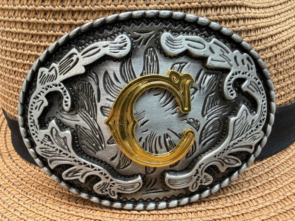 Antiqued Silver Gold Initial C Oval Western Cowboy Floral Vine Belt Buckle